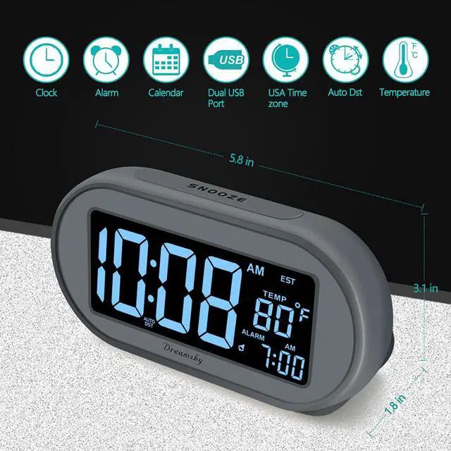 Alt view image 7 of 7 - Alarm Clocks for Bedrooms, Auto Set Digital Desk Clock for Bedside Nightstand, Electric Clock with Dimmable Brightness Dimmer, Auto DST, USB Port, Date, Temperature, Snooze