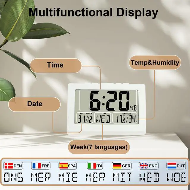 Alt view image 6 of 7 - 10" LCD Large Display Digital Clock, Wall Mounted and Desktop, Battery Operated Electronic Clocks with Date, Day, Temperature, Snooze Function for Elderly, Living Room Bedroom Office, White