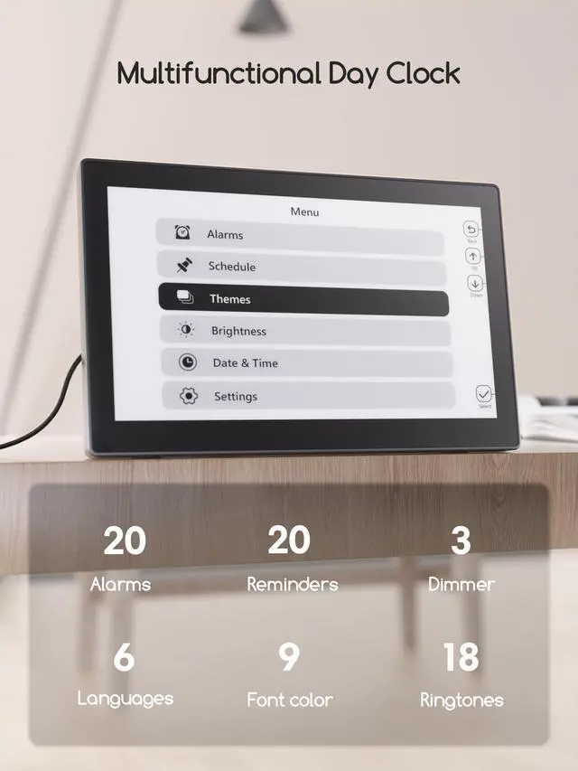 Alt view image 2 of 7 - Digital Clock, 10.1 Inch Large Display Calendar Clock with 12 Themes, 20 Alarms, 20 Reminders, Auto Dimming, 12/24 Hours, Indoor Temperature, Humidity for Seniors, Desk (Black)