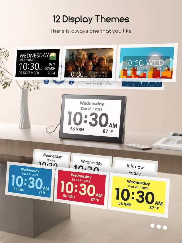 Alt view image 4 of 7 - Digital Clock, 10.1 Inch Large Display Calendar Clock with 12 Themes, 20 Alarms, 20 Reminders, Auto Dimming, 12/24 Hours, Indoor Temperature, Humidity for Seniors, Desk (Black)