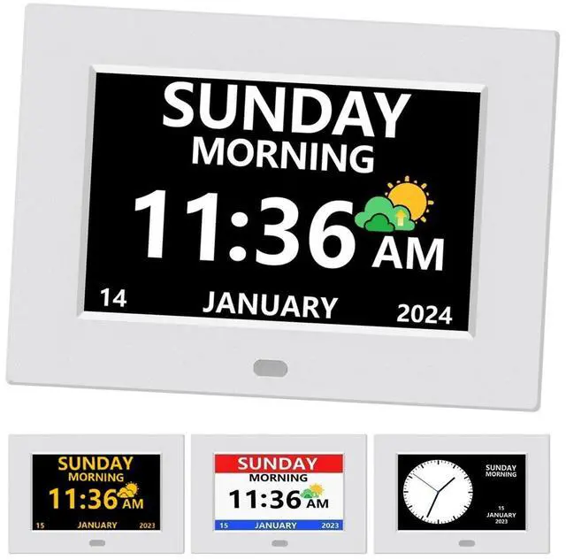 Main image of 7 Inch Digital Clock with Day and Date for Elderly Alzheimer's Clock Customizable Alarms 3 Display Modes Large Font Alarm Clock for Seniors Auto DST White