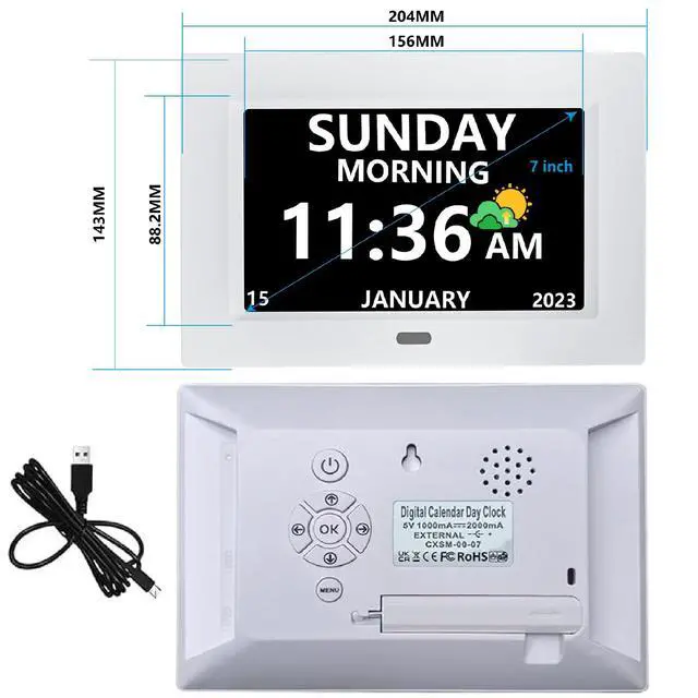 Alt view image 2 of 7 - 7 Inch Digital Clock with Day and Date for Elderly Alzheimer's Clock Customizable Alarms 3 Display Modes Large Font Alarm Clock for Seniors Auto DST White