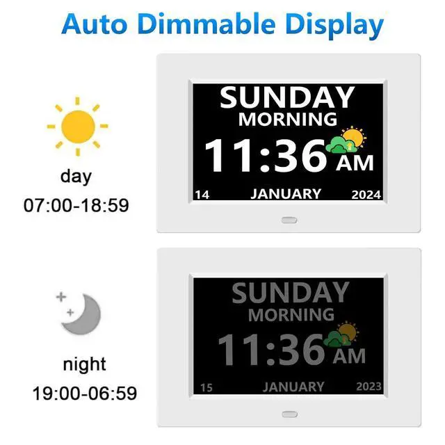Alt view image 7 of 7 - 7 Inch Digital Clock with Day and Date for Elderly Alzheimer's Clock Customizable Alarms 3 Display Modes Large Font Alarm Clock for Seniors Auto DST White