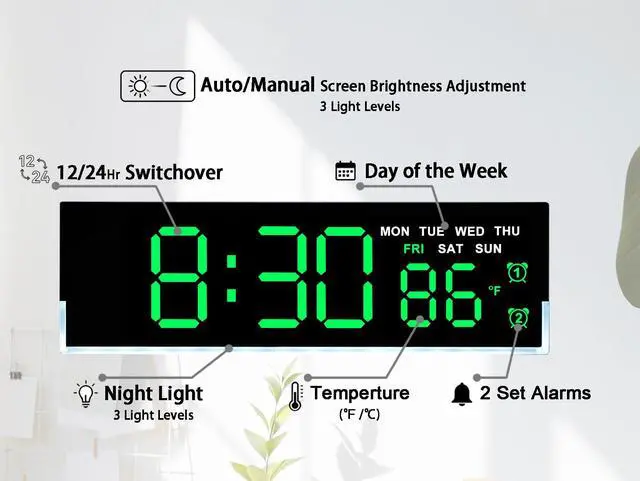 Alt view image 2 of 7 - 7 Inch LED Digital Alarm Clock with Dual Alarms & Bottom GlowDisplays Time, Date, Day, Temperature 3-Level Auto/Manual Brightness, DST, USB or Battery Powered Modern Desk Clock (Green)
