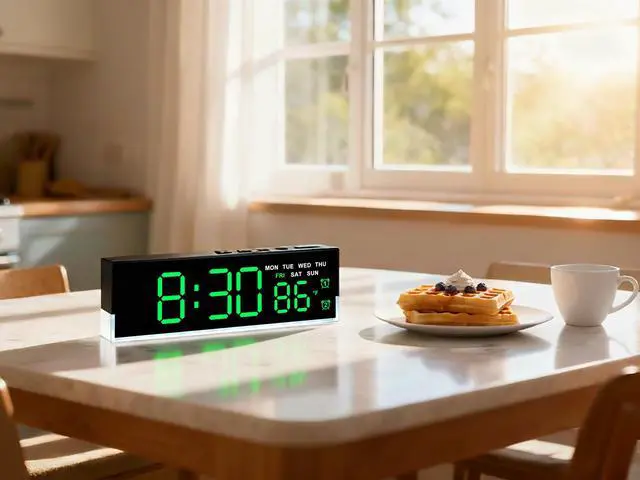 Alt view image 4 of 7 - 7 Inch LED Digital Alarm Clock with Dual Alarms & Bottom GlowDisplays Time, Date, Day, Temperature 3-Level Auto/Manual Brightness, DST, USB or Battery Powered Modern Desk Clock (Green)