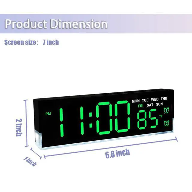 Alt view image 6 of 7 - 7 Inch LED Digital Alarm Clock with Dual Alarms & Bottom GlowDisplays Time, Date, Day, Temperature 3-Level Auto/Manual Brightness, DST, USB or Battery Powered Modern Desk Clock (Green)