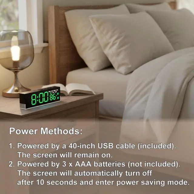 Alt view image 7 of 7 - 7 Inch LED Digital Alarm Clock with Dual Alarms & Bottom GlowDisplays Time, Date, Day, Temperature 3-Level Auto/Manual Brightness, DST, USB or Battery Powered Modern Desk Clock (Green)
