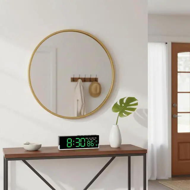 Alt view image 3 of 7 - 7 Inch LED Digital Alarm Clock with Dual Alarms & Bottom GlowDisplays Time, Date, Day, Temperature 3-Level Auto/Manual Brightness, DST, USB or Battery Powered Modern Desk Clock (Green)
