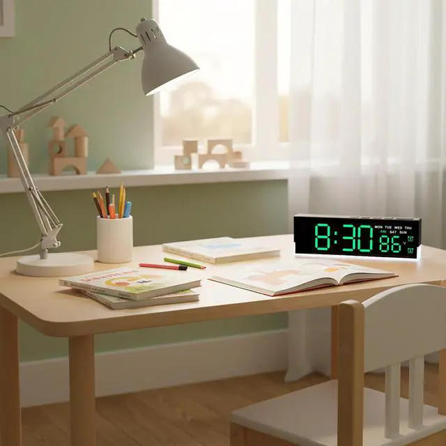 Alt view image 5 of 7 - 7 Inch LED Digital Alarm Clock with Dual Alarms & Bottom GlowDisplays Time, Date, Day, Temperature 3-Level Auto/Manual Brightness, DST, USB or Battery Powered Modern Desk Clock (Green)