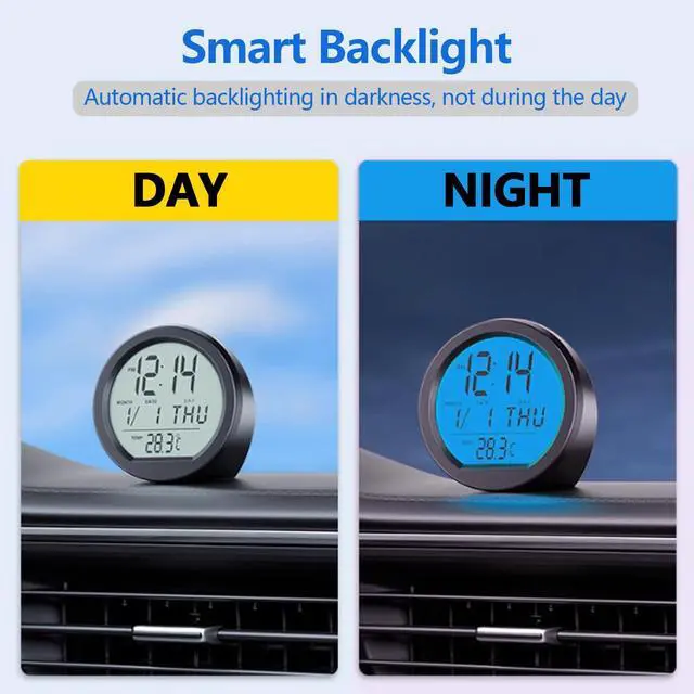 Alt view image 3 of 7 - Car Dashboard Clock with Automatic Backlight at Night, Solar-Powered, Fahrenheit Temperature, 12/24 Hour Format Time, Calendar for Car Truck Office Home and Outdoor Camping (Includes Battery)