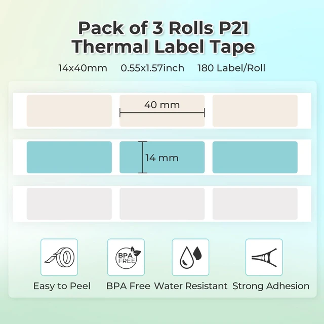 Alt view image 2 of 7 - Genuine P21 Label Maker Tape,14x40mm, 3-Roll, Grey/Brown/Green Easy to Peel, BPA-Free, Strong Adhesion, Water-Resistant & Oil-Proof, Great for School, Office, Home, Kitchen, Black on White