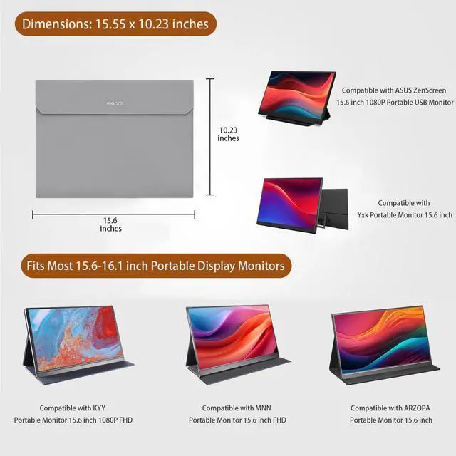 Alt view image 2 of 6 - Portable Monitor Case Sleeve 16.1 inch, Carrying Case for Most 15.6-16.1 inch Portable Travel Display Monitor Laptop, PU Leather Laptop Display Bag with Front Pocket, Gray