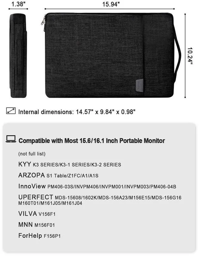 Alt view image 2 of 7 - 15.6/16.1-inch Portable Monitor Case with Acessories Storage, Sleeve for Most 15.6/16.1" Portable Monitors, Compatible with KYY ARZOPA VILVA MNN ForHelp KEFEYA, (Black)