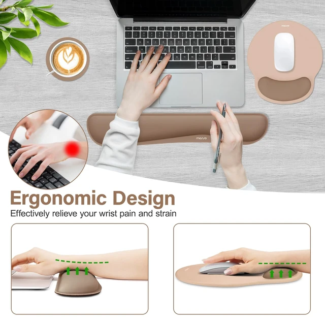 Alt view image 3 of 7 - Wrist Rest Support for Mouse Pad&Keyboard Set, Mocha | Streamline Ergonomic Mousepad&Coaster Non-Slip Base Home/Office Pain Relief&Easy Typing Pad with Soft Cloth&Silicone Lining