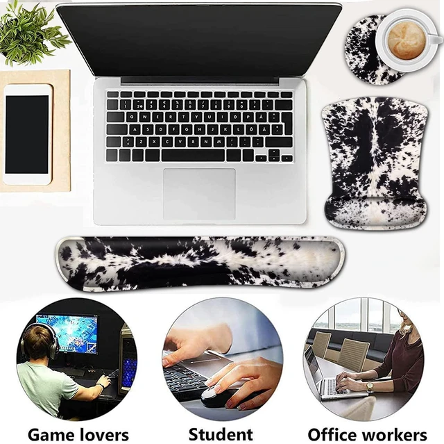 Alt view image 7 of 7 - Ergonomic Mouse Pad Wrist Support and Memory Foam Keyboard Wrist Rest Set,Gel Mouse Mat with Non-Slip PU Base,Keyboard Palm Rest for Home Office Wireless Gaming Mouse Pad Black White Cowhide Fur