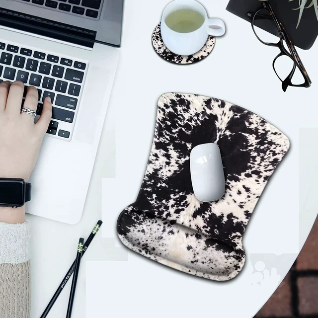 Alt view image 2 of 7 - Ergonomic Mouse Pad Wrist Support and Memory Foam Keyboard Wrist Rest Set,Gel Mouse Mat with Non-Slip PU Base,Keyboard Palm Rest for Home Office Wireless Gaming Mouse Pad Black White Cowhide Fur