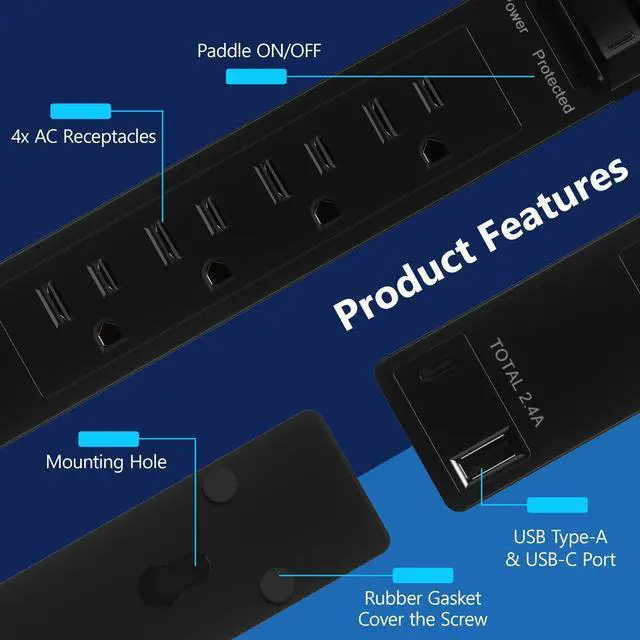 Alt view image 3 of 7 - Surge Protected Outlet Extender, 4-Outlet Power Strip, 1 USB-A & 1 USB-C, Surge Protector 1500J, Ultra-Thin Wall Plate Plug with Cord Extender, 5ft Cord, 1625W, ETL Listed, Matte Black