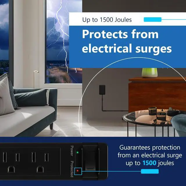 Alt view image 2 of 7 - Surge Protected Outlet Extender, 4-Outlet Power Strip, 1 USB-A & 1 USB-C, Surge Protector 1500J, Ultra-Thin Wall Plate Plug with Cord Extender, 5ft Cord, 1625W, ETL Listed, Matte Black