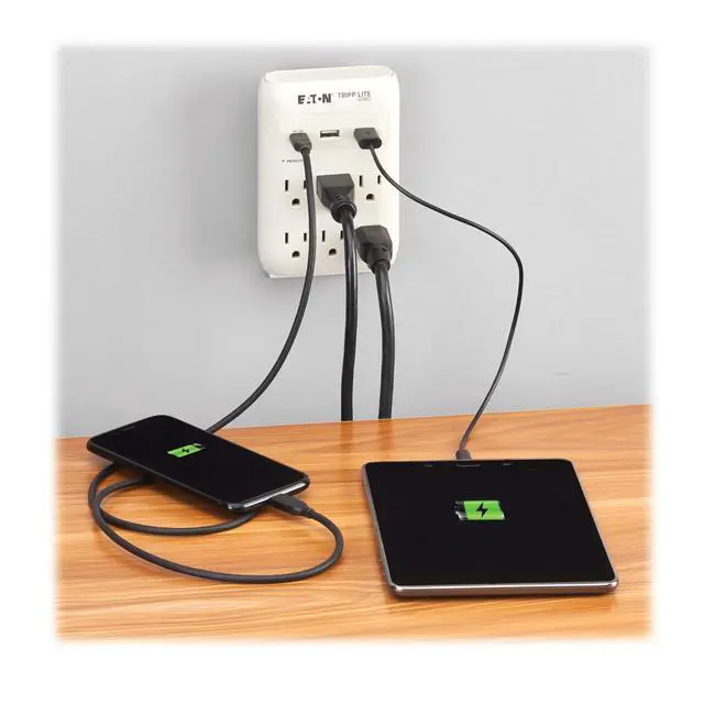 Alt view image 2 of 7 - Eaton SK60C Wall Surge Protector Power Strip & USB Wall Charger, 6-Outlet Extender, 1 USB-C + 2 USB Ports, 1080 Joules, Multi-Plug Outlet Splitter, Gray, Manufacturer's