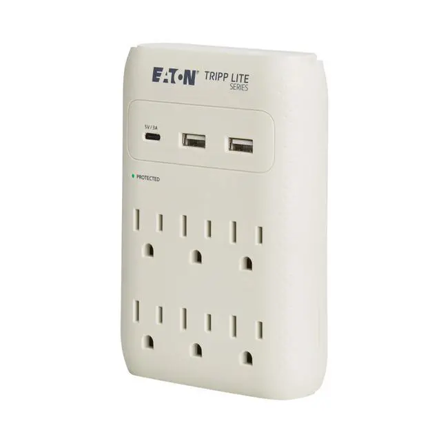 Alt view image 6 of 7 - Eaton SK60C Wall Surge Protector Power Strip & USB Wall Charger, 6-Outlet Extender, 1 USB-C + 2 USB Ports, 1080 Joules, Multi-Plug Outlet Splitter, Gray, Manufacturer's