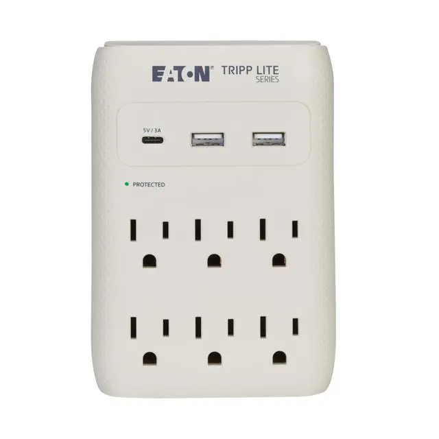 Alt view image 4 of 7 - Eaton SK60C Wall Surge Protector Power Strip & USB Wall Charger, 6-Outlet Extender, 1 USB-C + 2 USB Ports, 1080 Joules, Multi-Plug Outlet Splitter, Gray, Manufacturer's