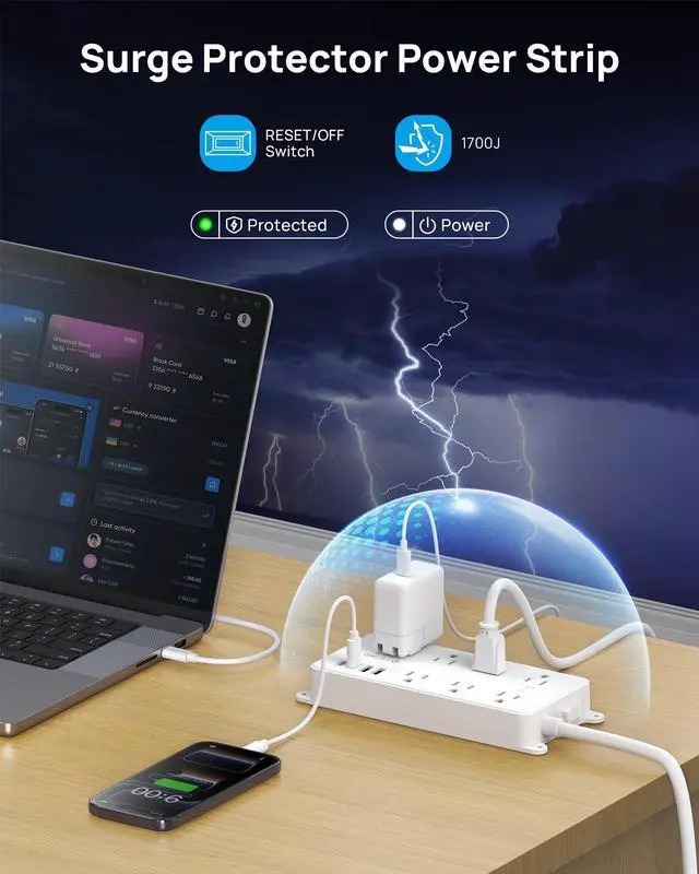 Alt view image 5 of 7 - Surge Protector Power Strip with 360° Rotating Plug, 7 Widely-Spaced Outlets, 2 USB-A and 2 USB-C, ETL Listed, Flat Plug 5ft Extension Cord, Wall Mountable, 1700J, for Home Office Garage, White