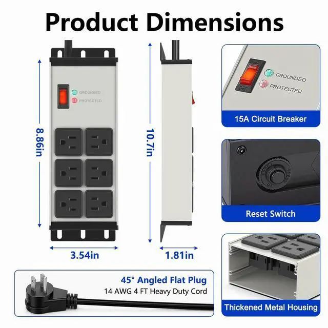 Alt view image 2 of 7 - Heavy Duty Surge Protector Power Strip 2500J, 15A 1875W 6 Outlets Extension Cord 4FT 14AWG with Flat Plug, Metal Power Strip for Kitchen Appliances, Workshop, Garage & Office (Gray, 4FT)