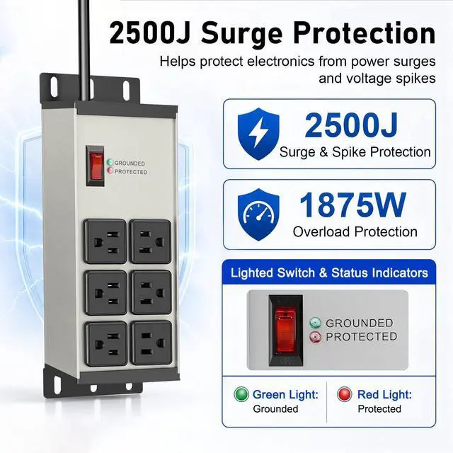 Alt view image 3 of 7 - Heavy Duty Surge Protector Power Strip 2500J, 15A 1875W 6 Outlets Extension Cord 4FT 14AWG with Flat Plug, Metal Power Strip for Kitchen Appliances, Workshop, Garage & Office (Gray, 4FT)