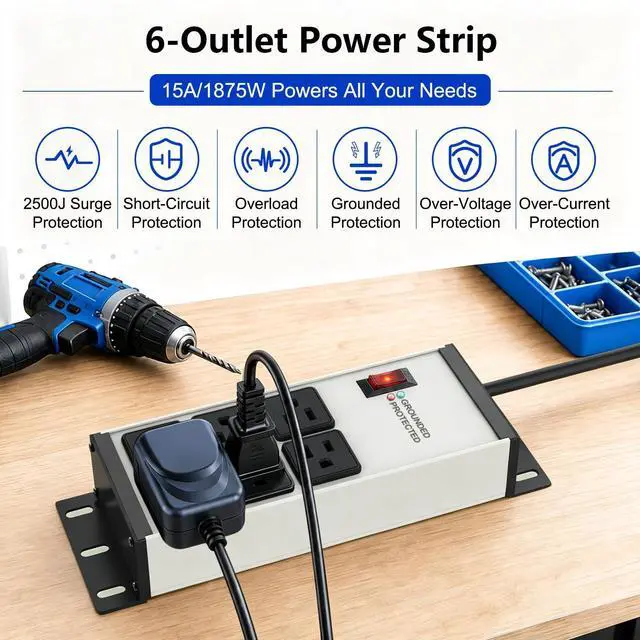 Alt view image 4 of 7 - Heavy Duty Surge Protector Power Strip 2500J, 15A 1875W 6 Outlets Extension Cord 4FT 14AWG with Flat Plug, Metal Power Strip for Kitchen Appliances, Workshop, Garage & Office (Gray, 4FT)