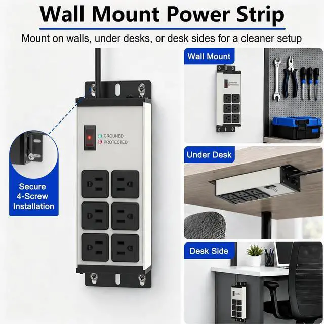 Alt view image 6 of 7 - Heavy Duty Surge Protector Power Strip 2500J, 15A 1875W 6 Outlets Extension Cord 4FT 14AWG with Flat Plug, Metal Power Strip for Kitchen Appliances, Workshop, Garage & Office (Gray, 4FT)