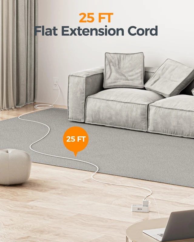 Alt view image 2 of 7 - Extension Cord 25 FT, Power Strip with 900J Surge Protection, Grey 4 AC Outlets 1 USB C and 2 USB A Ports, Flat Plug, Multiple Wall Outlet Extender Suitable for Office Dorm