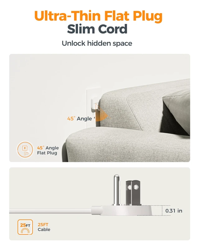 Alt view image 6 of 7 - Extension Cord 25 FT, Power Strip with 900J Surge Protection, Grey 4 AC Outlets 1 USB C and 2 USB A Ports, Flat Plug, Multiple Wall Outlet Extender Suitable for Office Dorm