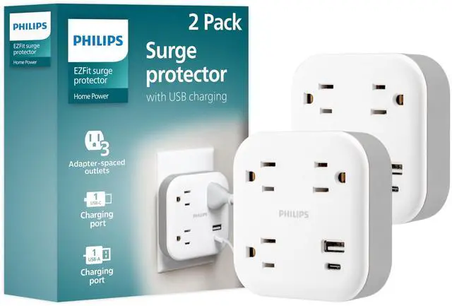Main image of EZFit 3-Outlet Surge Outlet Extender with USB, 1 USB-A, 1 Type-C | Adapter Spaced, Charging Station, 12W, 980 Joules, 2 Pack, White - SPP3605W/37