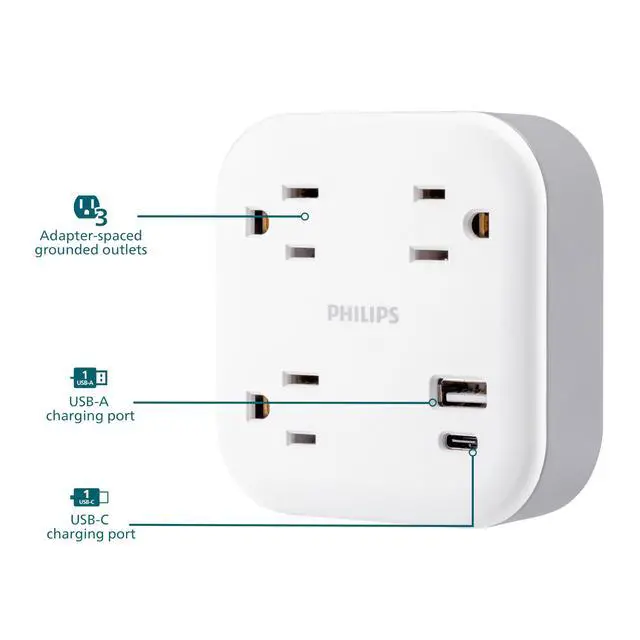 Alt view image 2 of 6 - EZFit 3-Outlet Surge Outlet Extender with USB, 1 USB-A, 1 Type-C | Adapter Spaced, Charging Station, 12W, 980 Joules, 2 Pack, White - SPP3605W/37
