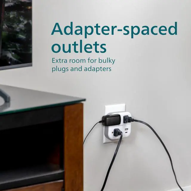 Alt view image 3 of 6 - EZFit 3-Outlet Surge Outlet Extender with USB, 1 USB-A, 1 Type-C | Adapter Spaced, Charging Station, 12W, 980 Joules, 2 Pack, White - SPP3605W/37