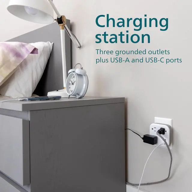 Alt view image 4 of 6 - EZFit 3-Outlet Surge Outlet Extender with USB, 1 USB-A, 1 Type-C | Adapter Spaced, Charging Station, 12W, 980 Joules, 2 Pack, White - SPP3605W/37