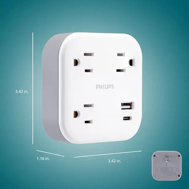 Alt view image 6 of 6 - EZFit 3-Outlet Surge Outlet Extender with USB, 1 USB-A, 1 Type-C | Adapter Spaced, Charging Station, 12W, 980 Joules, 2 Pack, White - SPP3605W/37