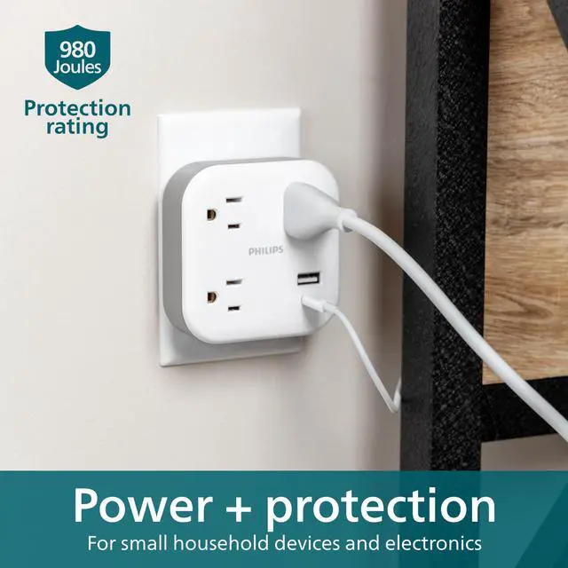 Alt view image 5 of 6 - EZFit 3-Outlet Surge Outlet Extender with USB, 1 USB-A, 1 Type-C | Adapter Spaced, Charging Station, 12W, 980 Joules, 2 Pack, White - SPP3605W/37