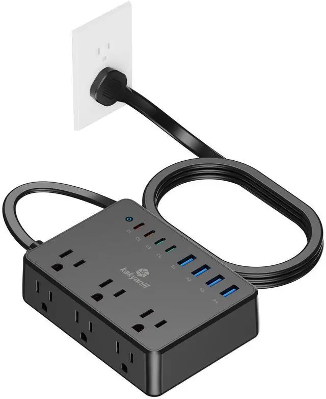 Main image of 100W Power Strip, 6 AC Outlets 8 USB Ports(4 USB C) with 2000J Surge Protector, 5ft Flat Plug Extension Cord, Compact for Desk Home Office Dorm, Black