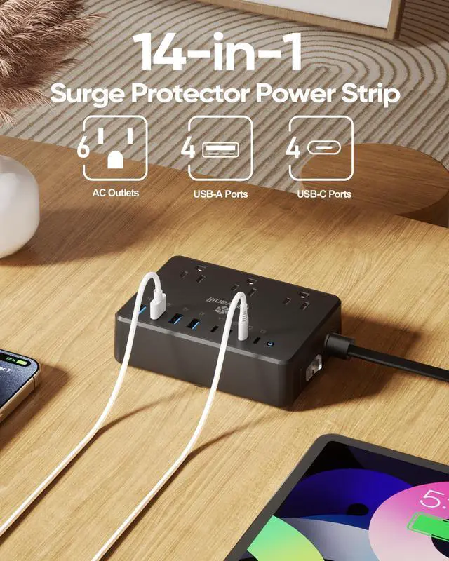 Alt view image 2 of 7 - 100W Power Strip, 6 AC Outlets 8 USB Ports(4 USB C) with 2000J Surge Protector, 5ft Flat Plug Extension Cord, Compact for Desk Home Office Dorm, Black