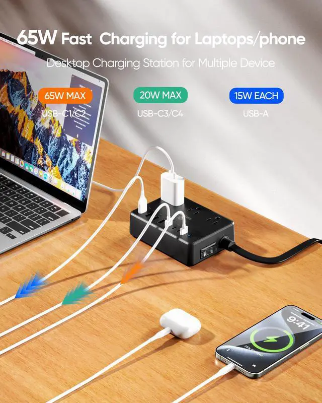 Alt view image 3 of 7 - 100W Power Strip, 6 AC Outlets 8 USB Ports(4 USB C) with 2000J Surge Protector, 5ft Flat Plug Extension Cord, Compact for Desk Home Office Dorm, Black