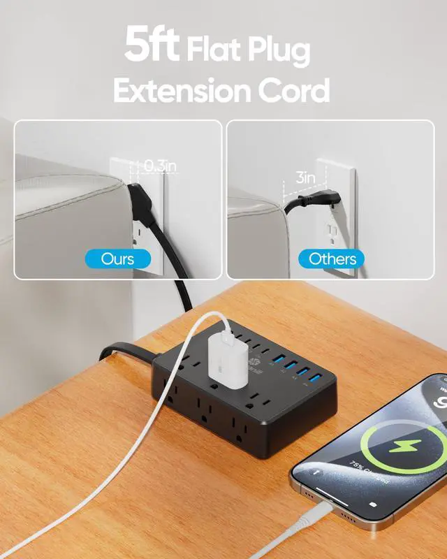 Alt view image 5 of 7 - 100W Power Strip, 6 AC Outlets 8 USB Ports(4 USB C) with 2000J Surge Protector, 5ft Flat Plug Extension Cord, Compact for Desk Home Office Dorm, Black
