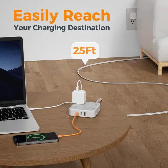 Alt view image 4 of 7 - Surge Protector Flat Extension Cord 25Ft, Flat Plug Power Strip with 4 Outlets 3 USB Ports (1 USB C), 900 Joules Protection, Multiple Wall Outlet Extender Suitable for Home Office Dorm, Grey