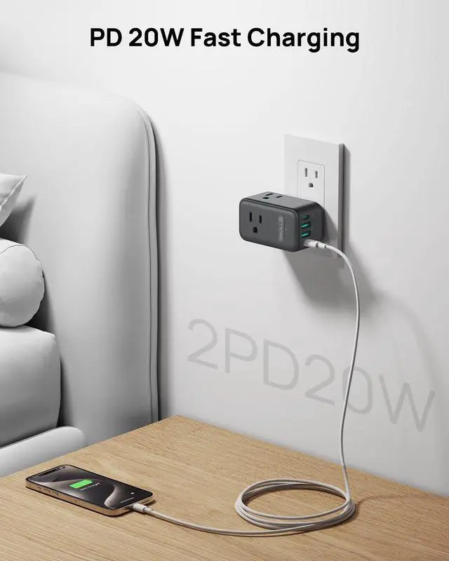 Alt view image 5 of 7 - 2 Pack Outlet Extender with USB, 3 Way Plug Adapter with 360 Rotating Plug, Outlet Splitter with 2 PD 20W USB C Charger, Small Charging Station for Home Dorm Room Travel Cruise Essentials