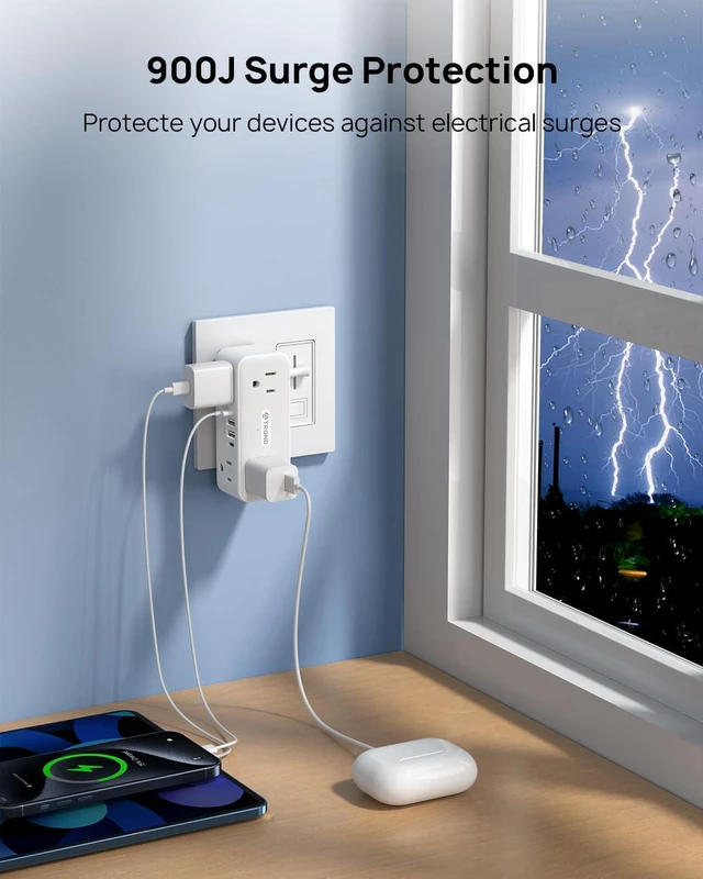 Alt view image 5 of 7 - 360° Rotating Wall Outlet Extender 2 Pack with 6 Outlet Splitter 900J Surge Protector, 2 PD20W USB C Charger and 2 USB A Ports, 3-Way Sideways Plug Adapter for Kitchen, Bathroom, Bedroom