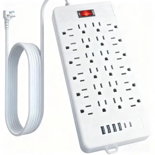 Main image of 30-in-1 Power Strip with Overload Protection, 24 AC Outlets, 4 USB Ports, 2 Type-C Ports - Wall-Mountable, 5ft/10ft Extension Cord, Flat Plug, Ideal for Office, Home, Factory, School (White, 10FT)