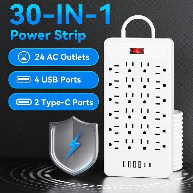 Alt view image 2 of 7 - 30-in-1 Power Strip with Overload Protection, 24 AC Outlets, 4 USB Ports, 2 Type-C Ports - Wall-Mountable, 5ft/10ft Extension Cord, Flat Plug, Ideal for Office, Home, Factory, School (White, 10FT)