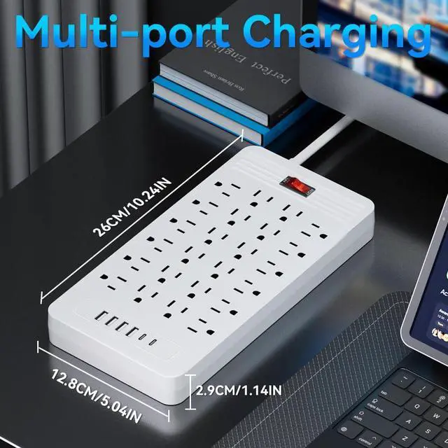 Alt view image 4 of 7 - 30-in-1 Power Strip with Overload Protection, 24 AC Outlets, 4 USB Ports, 2 Type-C Ports - Wall-Mountable, 5ft/10ft Extension Cord, Flat Plug, Ideal for Office, Home, Factory, School (White, 10FT)