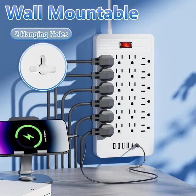 Alt view image 5 of 7 - 30-in-1 Power Strip with Overload Protection, 24 AC Outlets, 4 USB Ports, 2 Type-C Ports - Wall-Mountable, 5ft/10ft Extension Cord, Flat Plug, Ideal for Office, Home, Factory, School (White, 10FT)