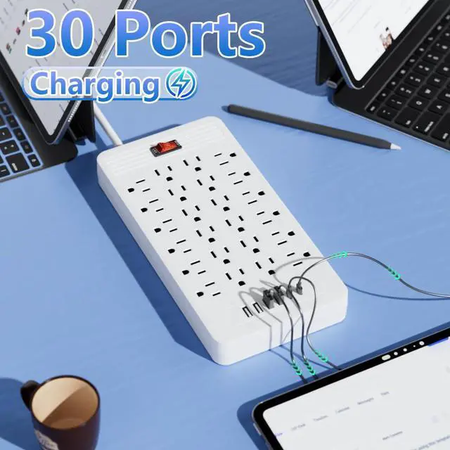 Alt view image 7 of 7 - 30-in-1 Power Strip with Overload Protection, 24 AC Outlets, 4 USB Ports, 2 Type-C Ports - Wall-Mountable, 5ft/10ft Extension Cord, Flat Plug, Ideal for Office, Home, Factory, School (White, 10FT)